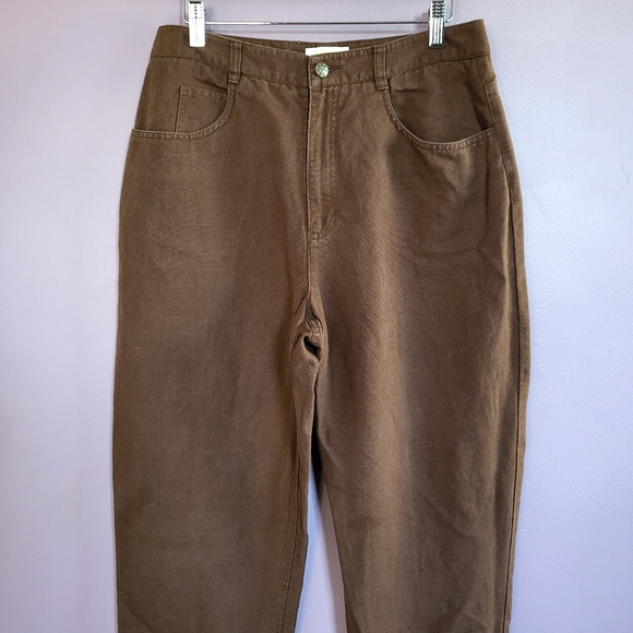 Talbots Petites Vintage Brown Irish Linen Cotton Blend High Rise Tapered Pants - Picture 2 of 14